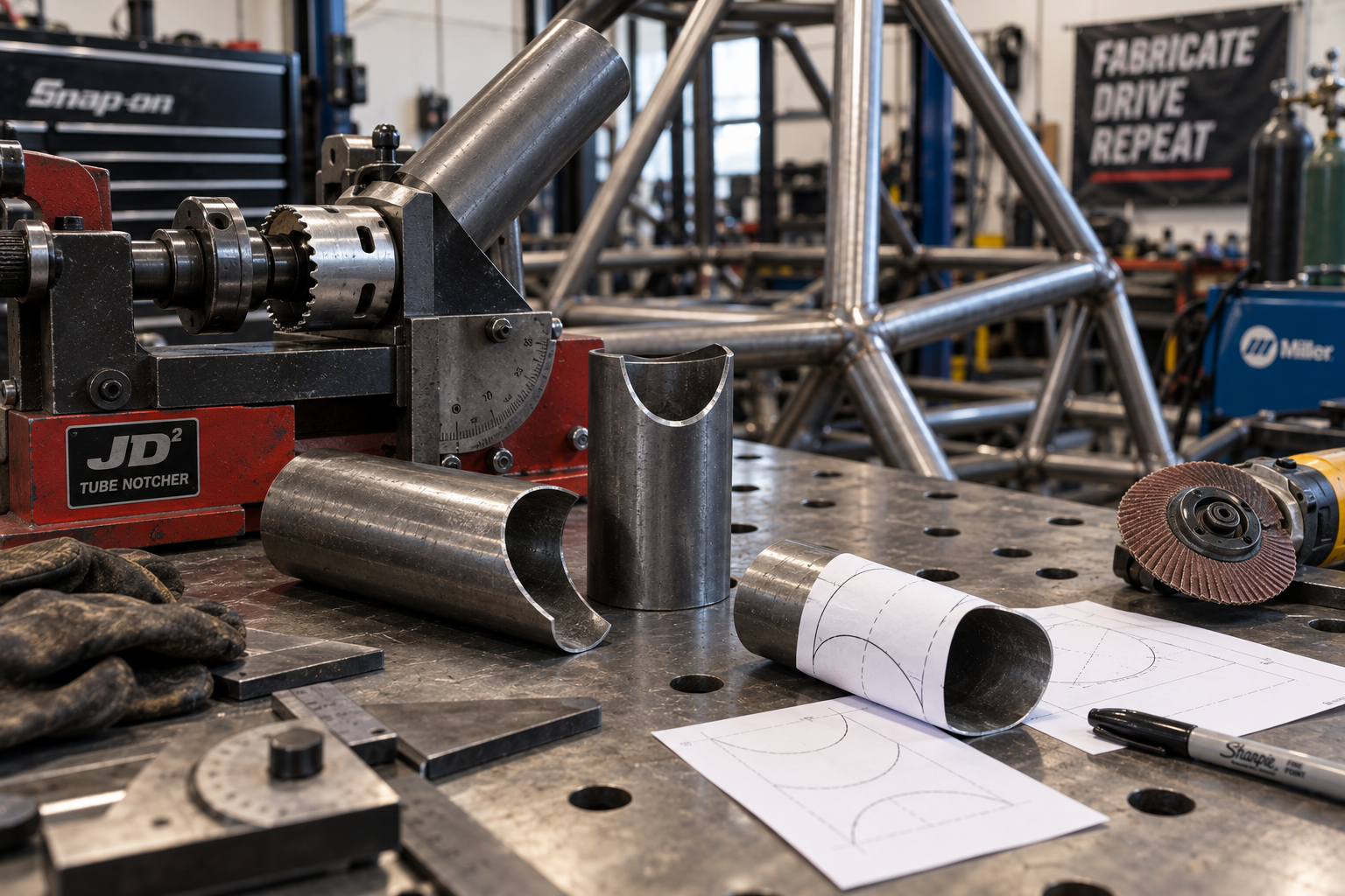 Fishmouth notches cut into steel tube ends ready for welding
