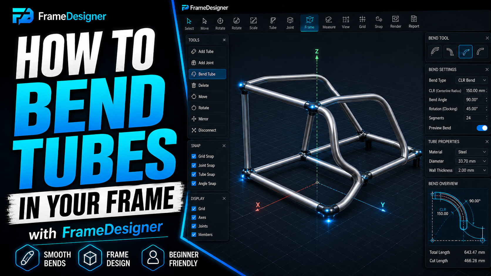 Adding bends to tubes and editing joints in FrameDesigner