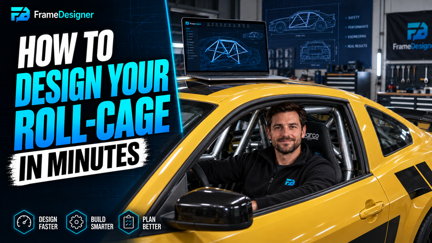 Roll cage designed around a reference vehicle model in FrameDesigner